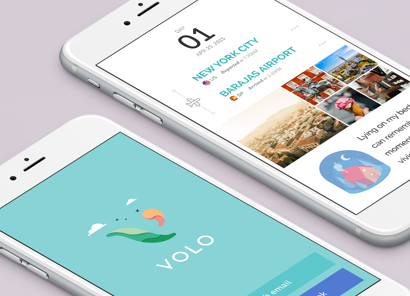 VOLO travel journal shown on laptop and phone with mountain landscape