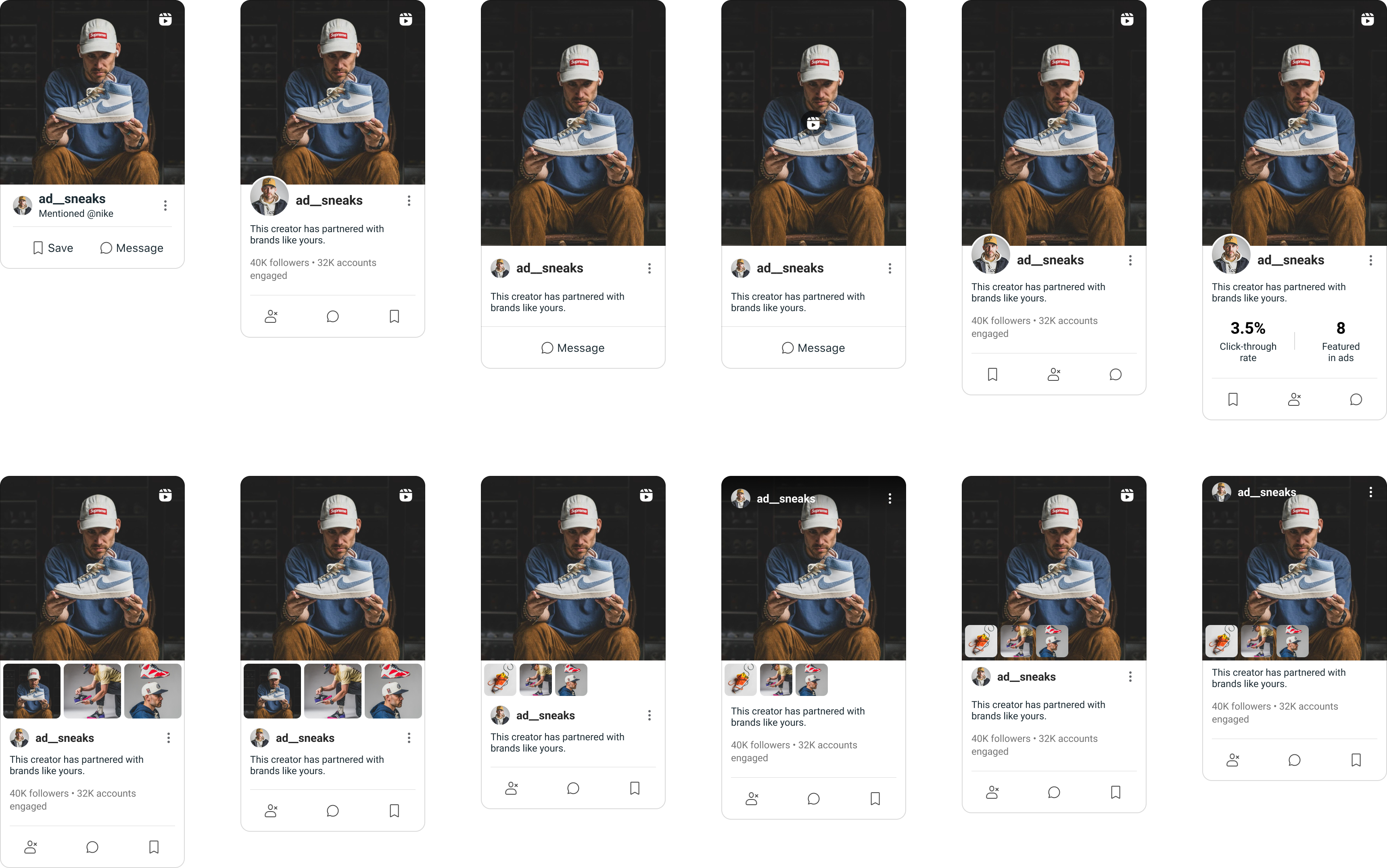 Creator card design iterations — multiple layout explorations for ad_sneaks profile card